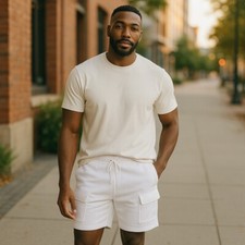 Restricted fleece cargo shorts Men XL W38-40 elastic waist drawstring/white