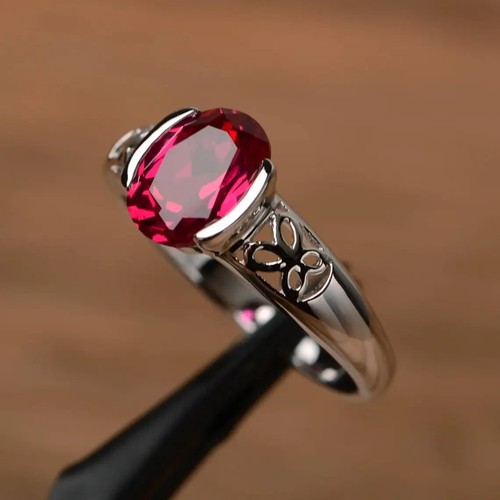 Red Ruby Oval Cut solitaire July birthstone Anniversary ring 925 Sterling Silver - Picture 2 of 4
