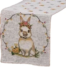 Extra Long Tapestry Table Runner, 13"x72", WOODLAND EASTER BUNNY & FLOWERS, WH