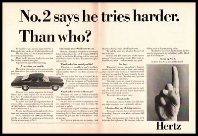 1966 Hertz Rent-A-Car ''No. 2 Says He Tries Harder.'' Vintage Car 2-Page Print Ad