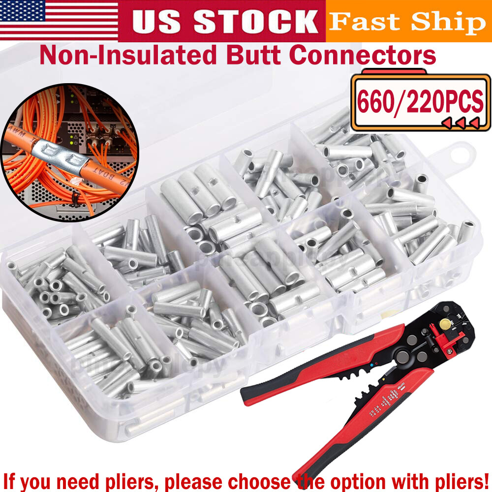 XINTAIHELE 240-Pack Non-Insulated Butt Connectors – Marine Grade Tinned Red Copper, 24-8 AWG Crimp Terminals For Automotive & Electrical Wiring