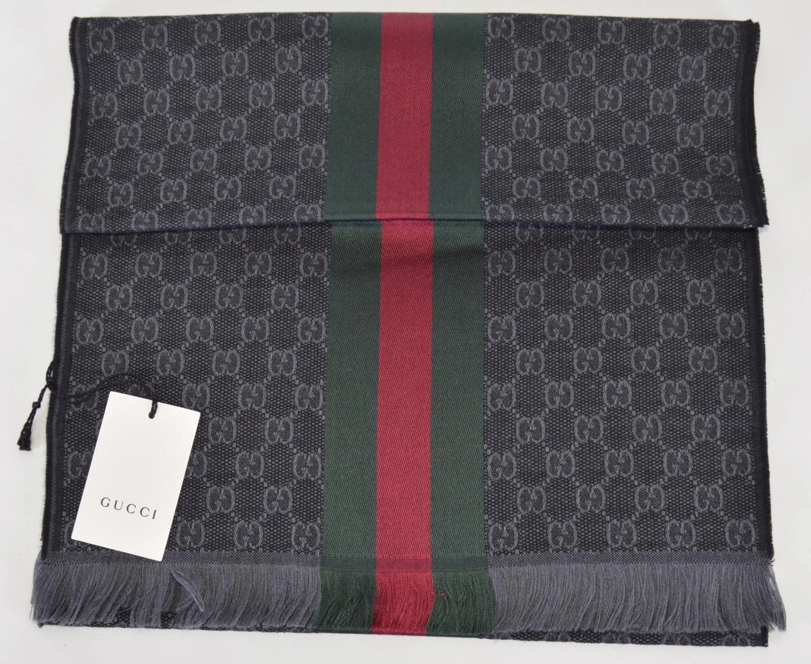 Silencieux écharpe laine rayure rouge vert GG Guccissima gris foncé Gucci 147351 NEUF
