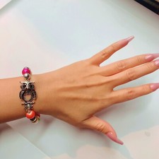 Silver Pink Orange Green Beaded Owl Fashion Bracelet