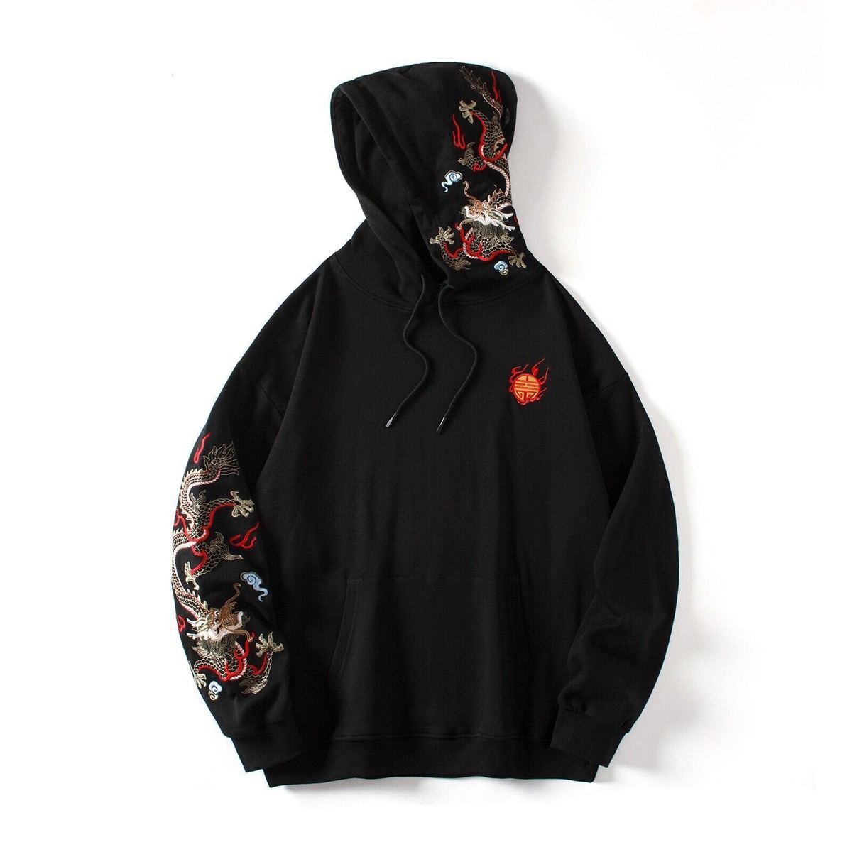 Niepce Black Fire Dragon Embroidery Hoodie Japanese Urban