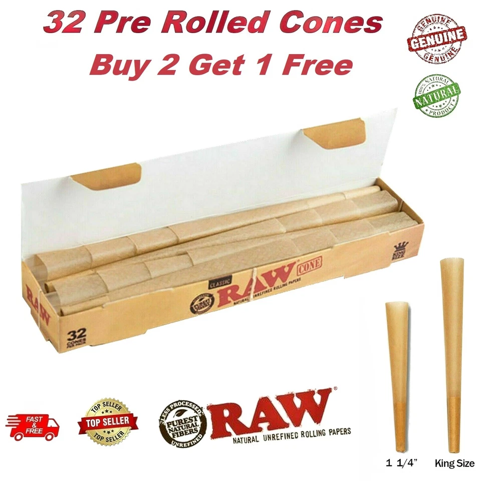 RAW Classic/Organic King Size Cones Mega Pack 32 Cones PreRolled Rolling Papers