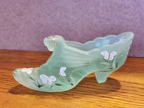 Fenton Glass Shoe 95th Anniversary Signed Hand Painted Butterflies Green Satin