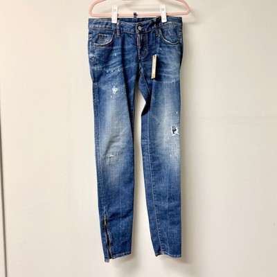 NWT Dsquared2 Button Fly Super Slim Distressed Skinny Jeans Blue Women's Size 30