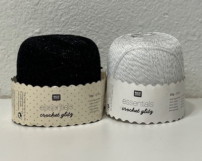 Rico Design Essentials Crochet Glitz Yarn Black White Silver Cotton Thread