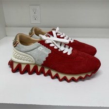 Christian Louboutin Loubishark Red White Suede Men's Lace Up Sneakers
