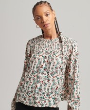 Image of Superdry Womens Smocked Long Sleeve Woven Top Size 8