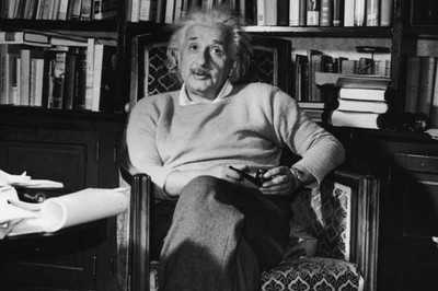 Einstein in his personal library in Princeton, New Jersey,