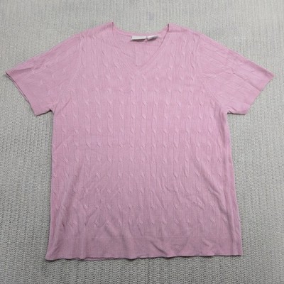 White Stag Shirt Top Womens 16W Pink Cable Knit V Neck Short Sleeve Plus Soft