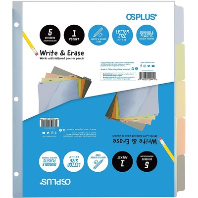 OS Plus 5-Tab 3 Ring White Plastic w/Write & Erase Tab Binder Dividers 1/3/6 Set