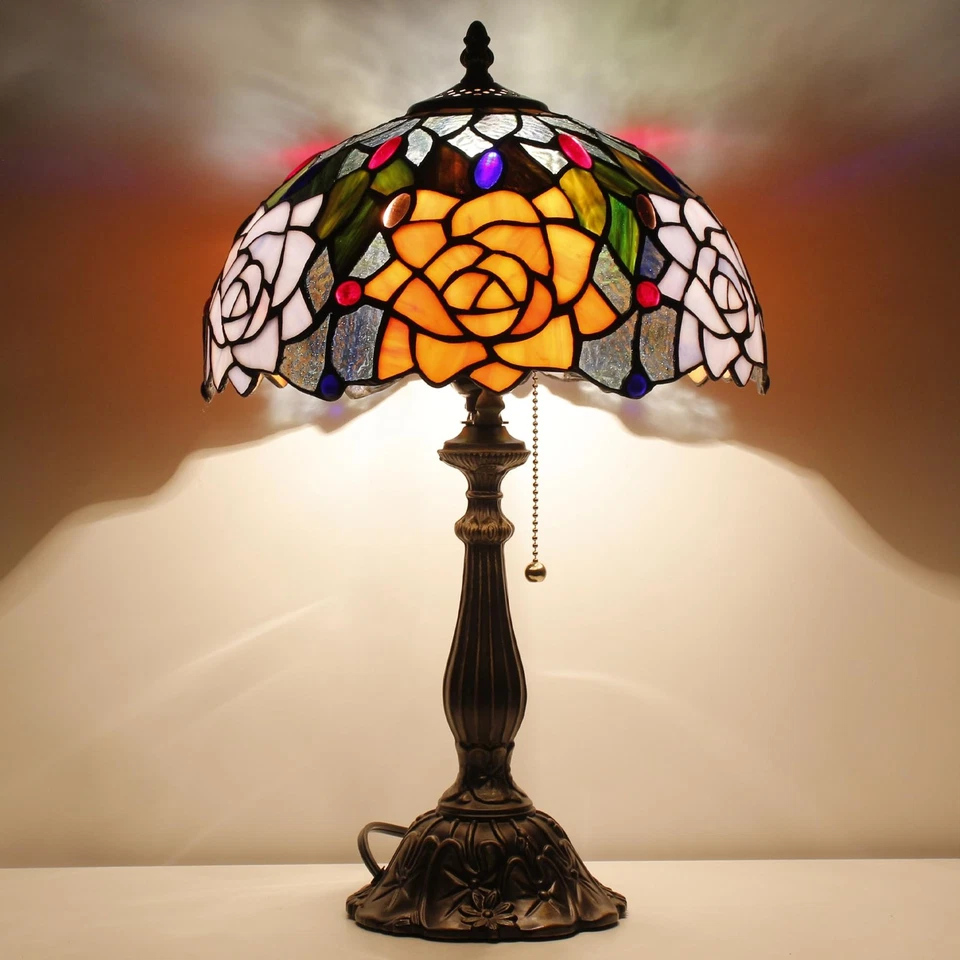 Tiffany Lamp Stained Glass Orange Red Rose Flower Style Table Lamp Desk Readi... - Image 2 of 4