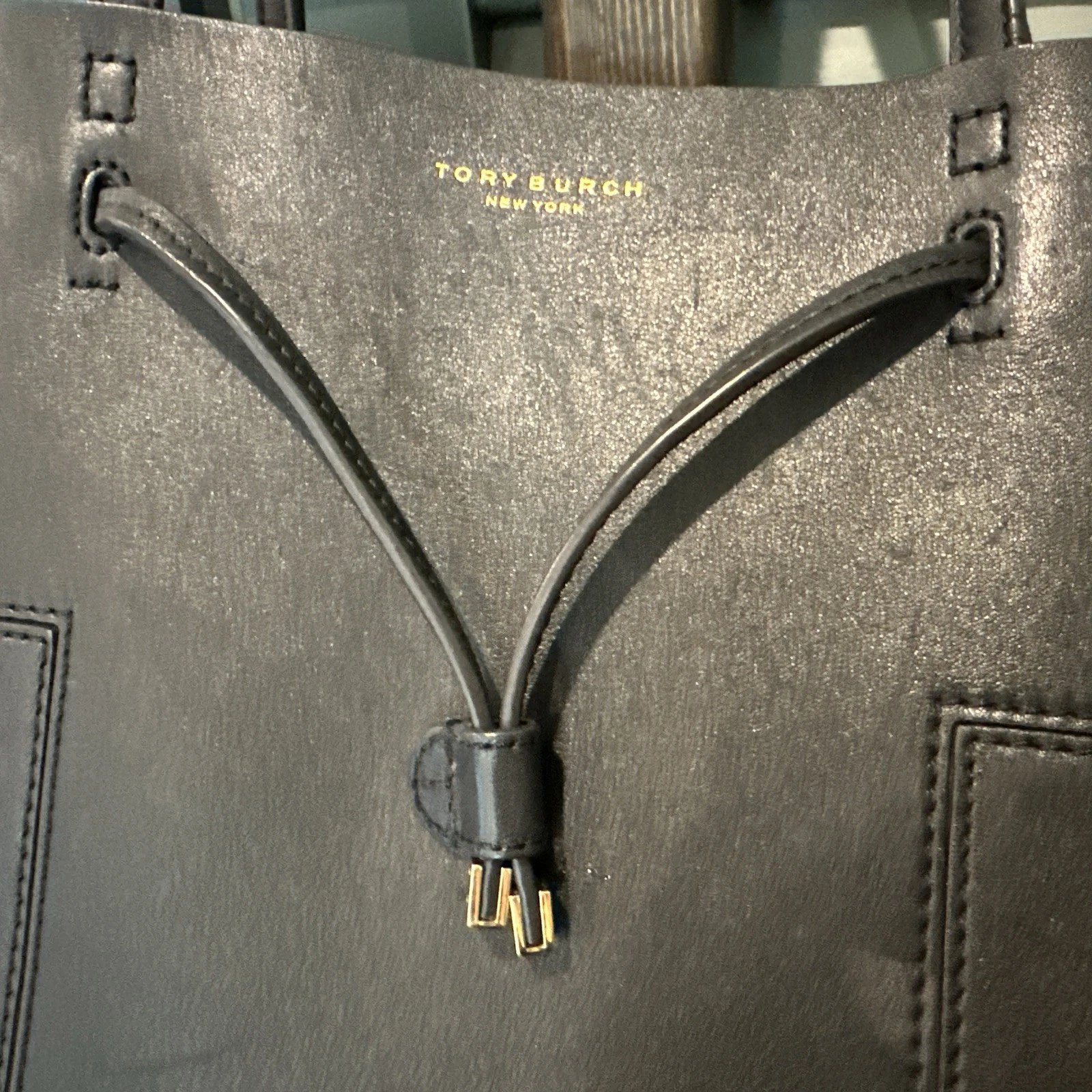 Tory Burch Borsa Tote Nera T Block Pelle Coulisse Aperta *Leggi Descrizione*