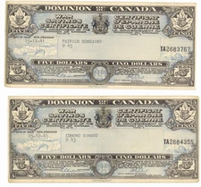 Canada Set of 2 War Savings Certificates. 5 Dollars 1941