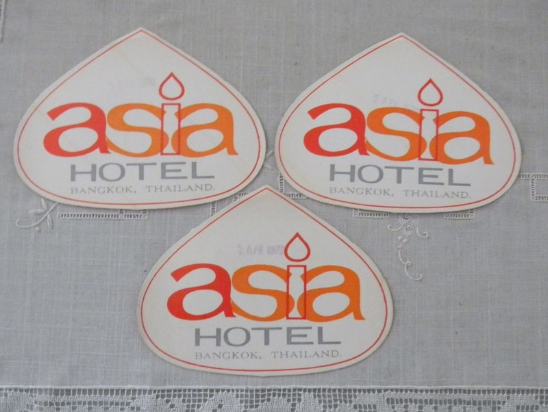 Lot of 3  "ASIA HOTEL" Bangkok, Thailand Luggage Stickers/Decals UNUSED Vintage