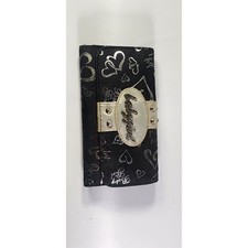 Y2K Baby Girl Black Silver Heart Print Tri-Fold Wallet Gold Nameplate Studded