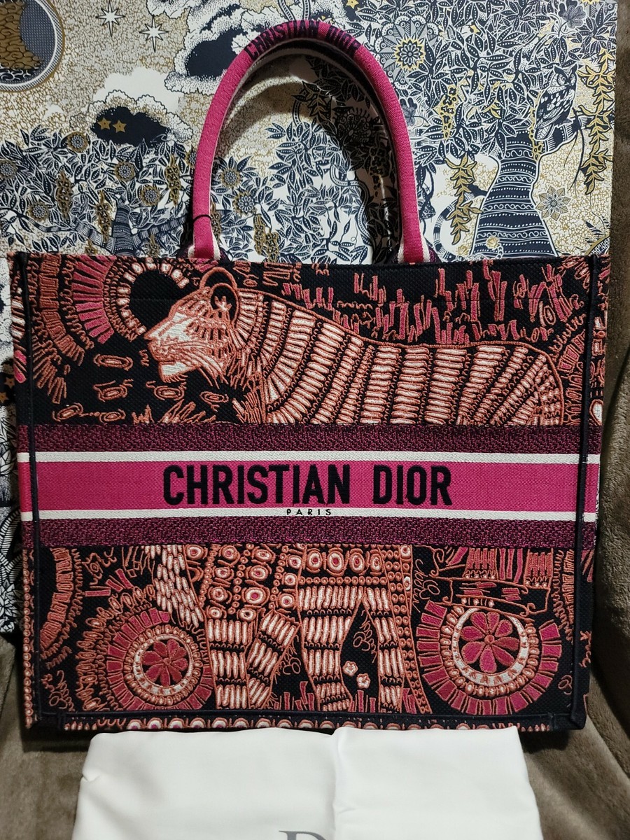 Dior Animals Tiger Book Large Tote Deep Blue Fuchsia Bag Canvas