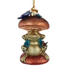 Sleeping Frog with Mushroom Glass Ornament 4.25"