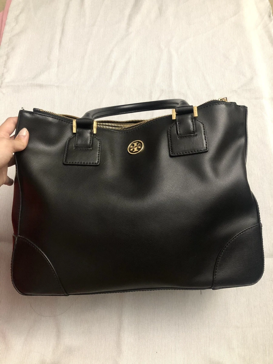 Tory Burch Robinson Leather Tote in Black/Black