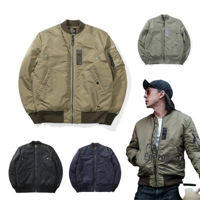 Men MA-1 Pilot Jacket Retro Flight Jacket Wool Clip Cotton Full Zip Nylon Winter