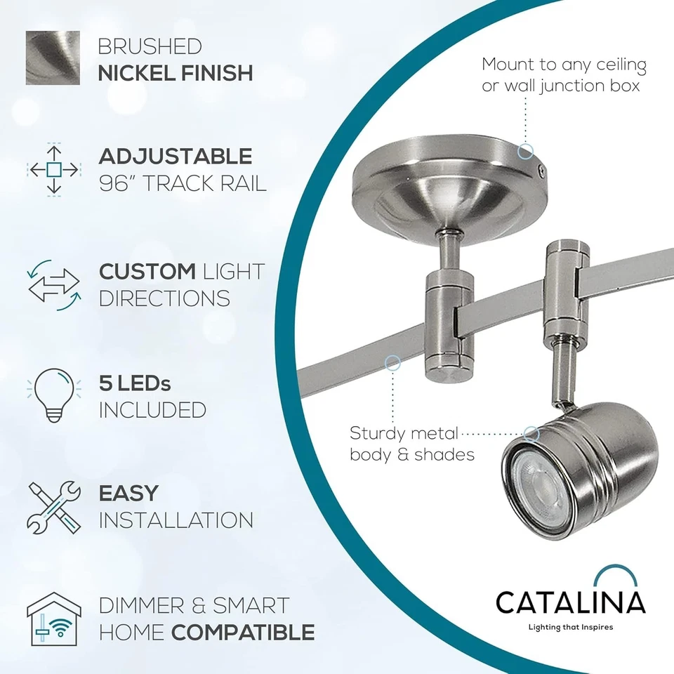 Luz de techo Flex Track LED de 5 luces de níquel cepillado 96", ajustable e inteligente H... Foto 4 de 4