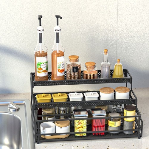 Rustproof Pull-out Drawer Seasoning Rack Black Pull Out Storage Rack for Home
