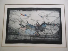 VINTAGE COLORED DRAWING ON LITHOGRAPH MIXED MEDIUM ABSTRACT EXPRESSIONISM 