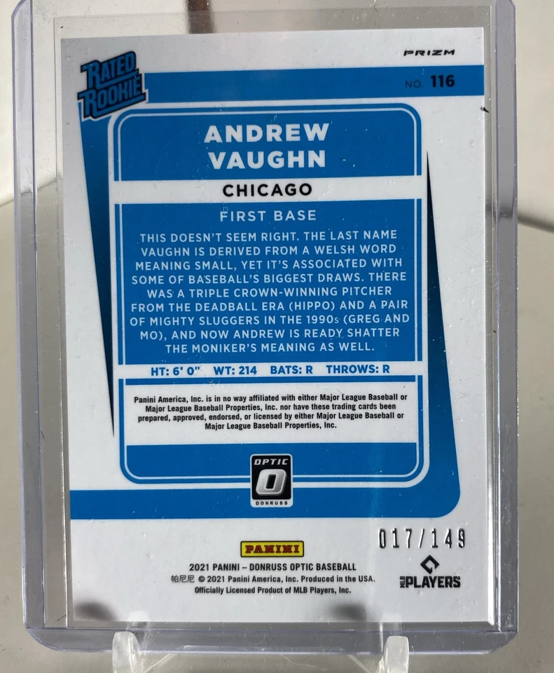 2021 Donruss Optic Andrew Vaughn Black Sparkle 17/149 Rookie Card - Image 2 of 2