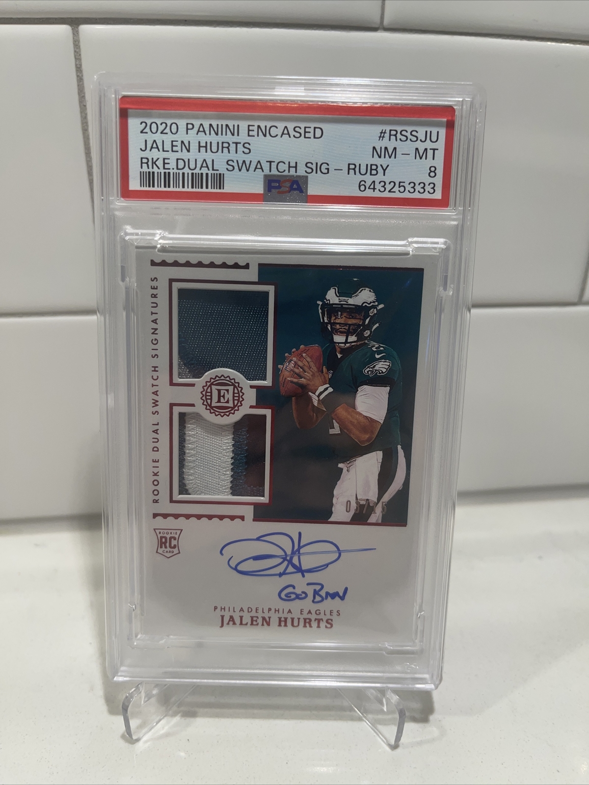 Jalen Hurts Panini Encased Rookie Dual Swatch Signatures #RSSJU Ruby