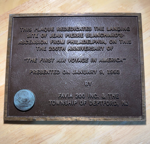 US First Flight No 1 1793 Bronze Historic Plaque NJ Blanchard Washington Site