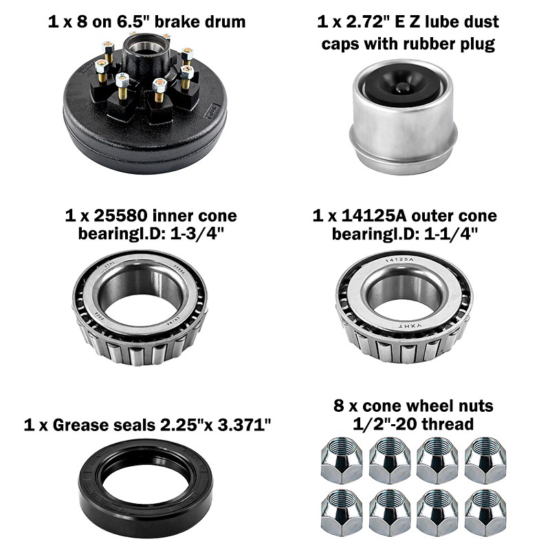 Kit De Tambours De Frein Pour Essieu Remorque 7000 Lbs - 8 Trous Sur 6.5" - Freins Hydrauliques 12x2" - Réf BK42865HYD-916