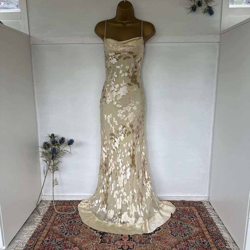 Monsoon Gold Cream Devore Bias Cut Silk 90’s/y2k Evening Gown Dress Prom Size 12 - Image 3 of 4