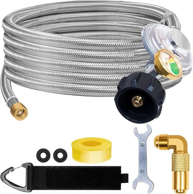 #ad 12FT Propane Regulator Hose with Gauge Stainless Braided QCC1 $41.58