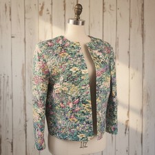 Vintage 90s Floral Pleated Blazer 14 Green Cotton Lined Watercolor Cottagecore