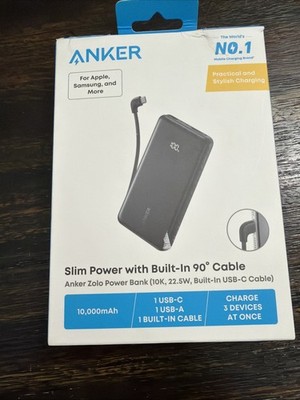 Anker Slim Power Bank (10K, 22.5W, Built-In USB-C Cable) Black OPEN BOX NEW!