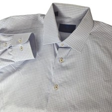 David Donahue Dress Shirt Mens Luxury Cotton Blue Plaid Preppy Business 16 34/35