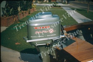 VTG 1950s WIZARD SUPER POWER 25 OUTBOARD BOAT MOTOR Red Border Kodachrome Slide