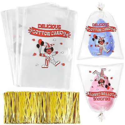 500 Count Cotton Candy Bags with Ties Large Clear Cotton Candy Bags with Prin...