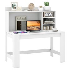 GYMAX Computer Desk Modern White Laptop PC Desk with Hutch White