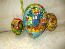 3 Vintage West Germany Paper Mache Easter Egg Candy Containers 1 Rare 10" 2, 6"