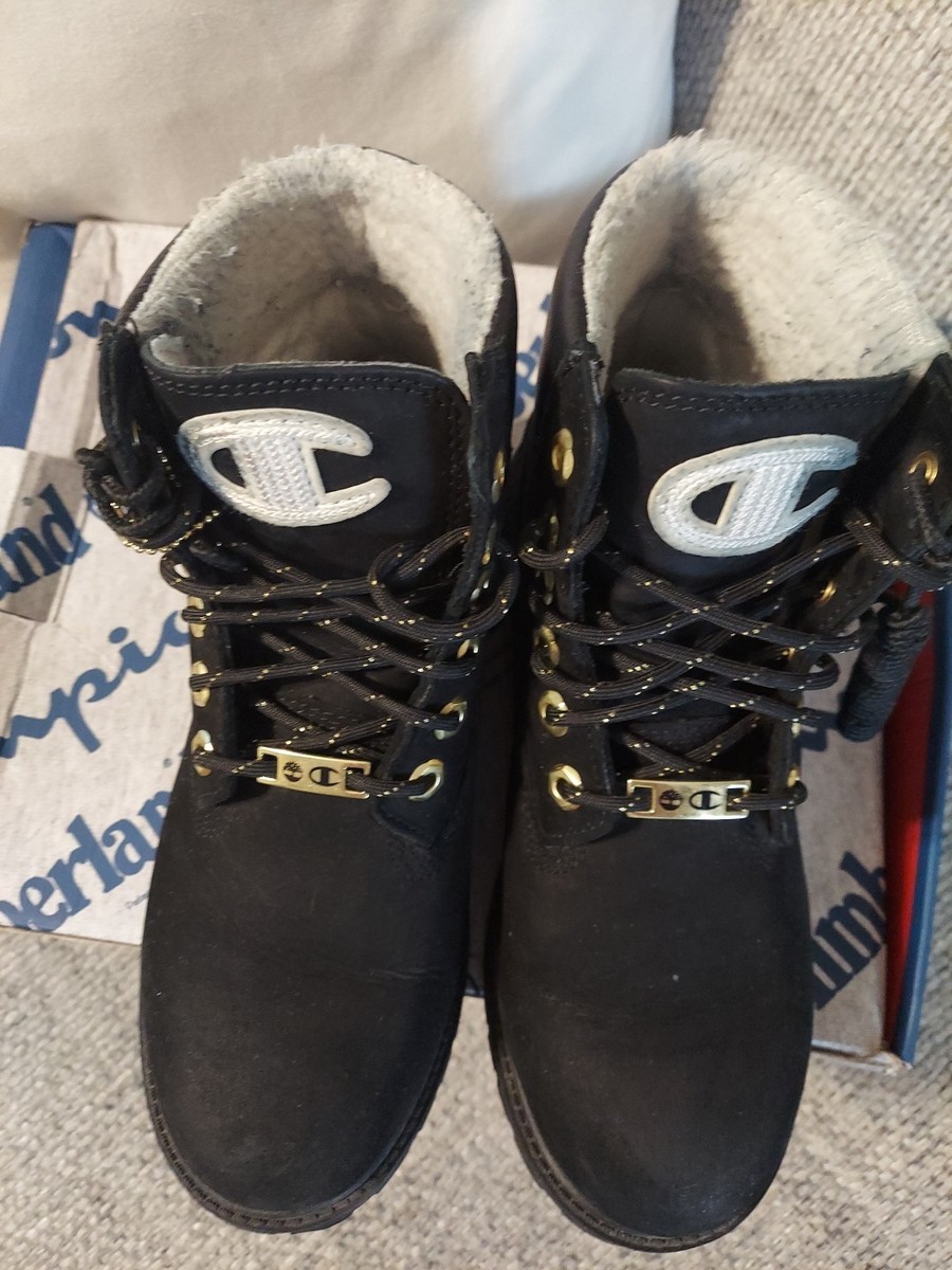 Timberland x Champion Boots Juniors 5 Black Leather 6in Shearling Winter Boot View 4