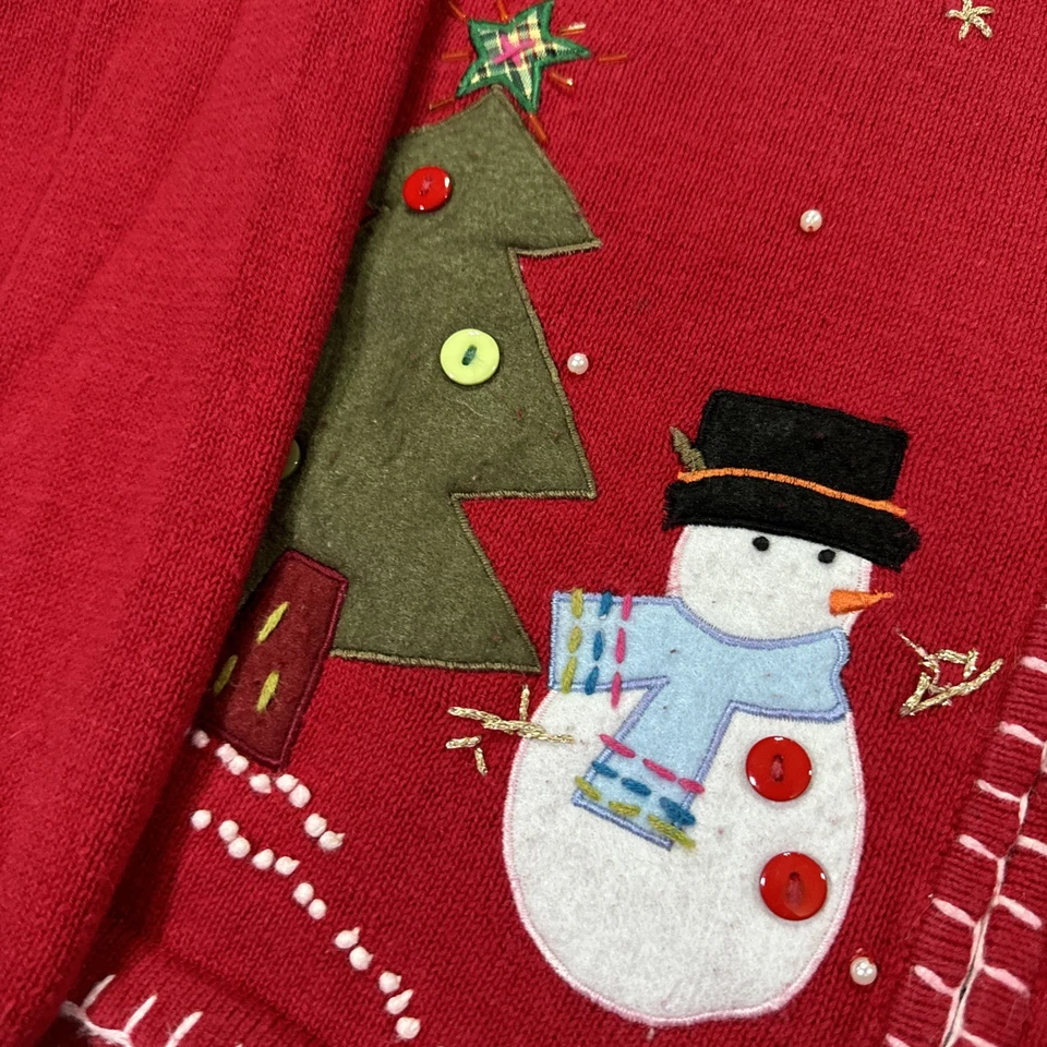 Cárdigan Suéter Vintage Navidad Bordado y Cuentas Rojo Cremallera Talla Mediana Foto 4 de 4