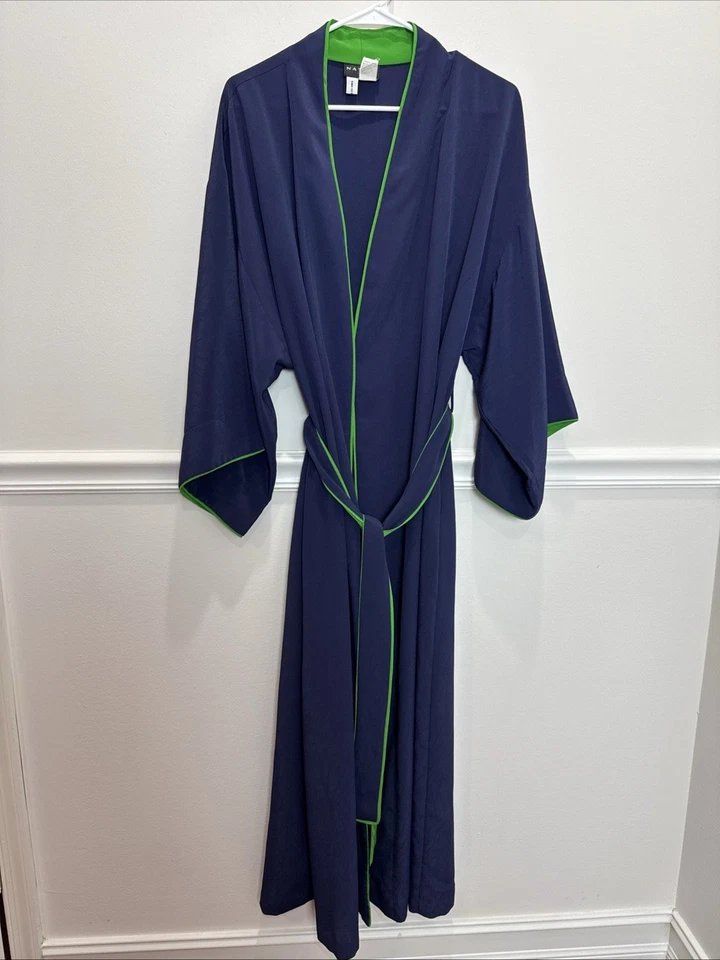 Темно-синий шелковистый креп Natori держит моно стиль макси надежном халат с зеленой отделкой M - Изображение 4 из 4