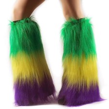 Mardi Gras Leg Warmers for Women, Fuzzy Purple Green Yellow Mardi Gras Faux