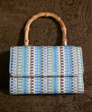 Woven Straw Clutch Blue Teal Stripe Bamboo Handle Gold Chain Summer Bag
