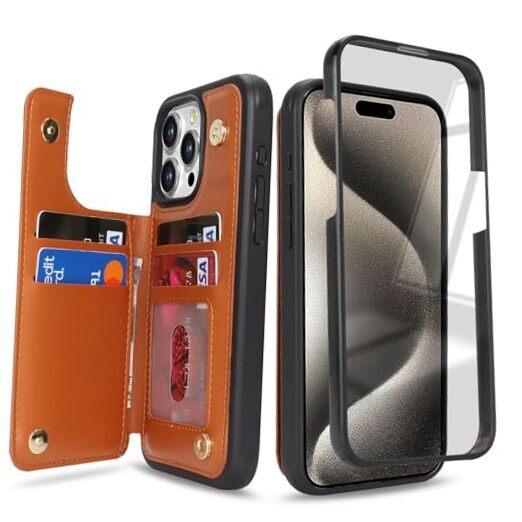 Phone case with Screen Protector,Case Wallet with for iPhone 15 pro max brown