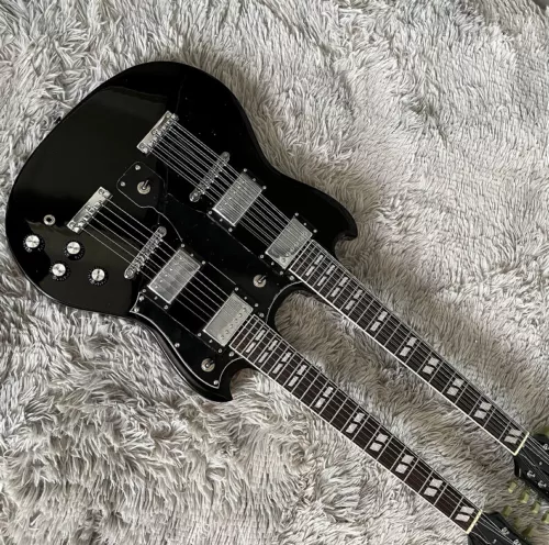 Double Neck SG Electric Guitar Black Black 6+12 String H Pickups Chrome Hardware