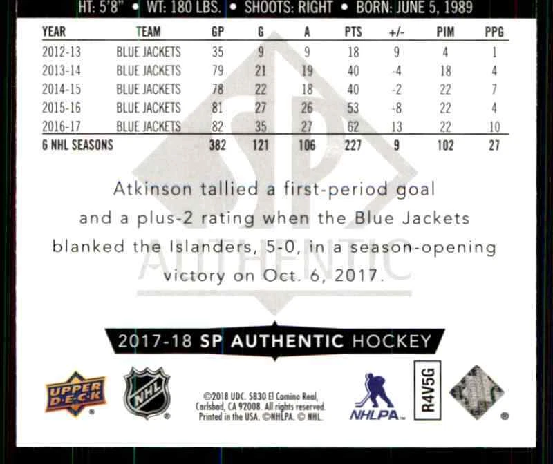 2017-18 Upper Deck SP Authentic Cam Atkinson #3 - Image 2 of 2